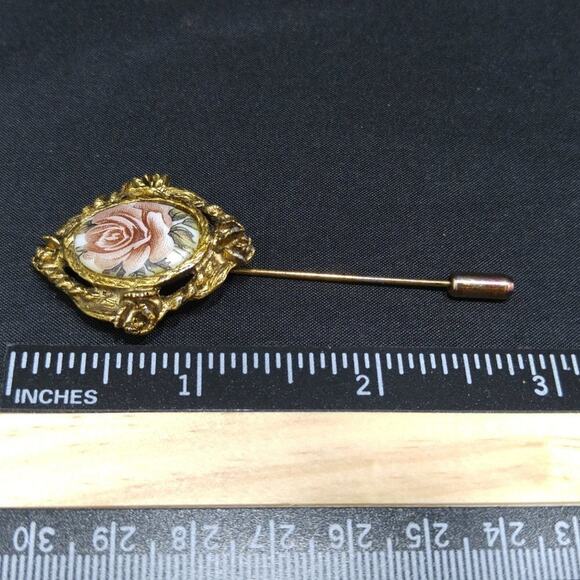 Vintage Edwardian Style Rose Ceramic Stick Pin, Antique Gold Tone, 1960s, 3 Inch - Picture 7 of 10
